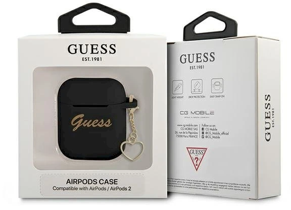 „Guess GUA2LSCHSK“ „AirPods 1/2“ ausinių dėklas, juodas, su silikoniniu pakabuku, širdelių kolekcijoje.