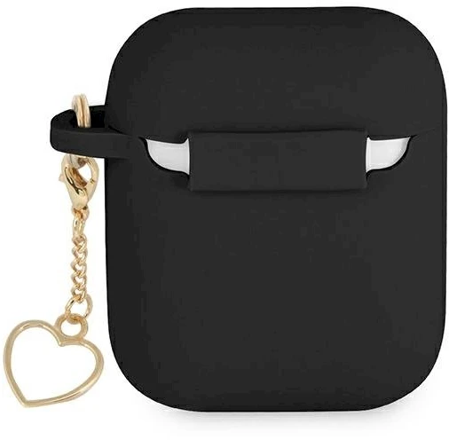 „Guess GUA2LSCHSK“ „AirPods 1/2“ ausinių dėklas, juodas, su silikoniniu pakabuku, širdelių kolekcijoje.