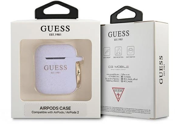 Dėklas Guess GUA2SGGEU „AirPods“ dangtelis yra purpurinis / violetinis silikono blizgesys