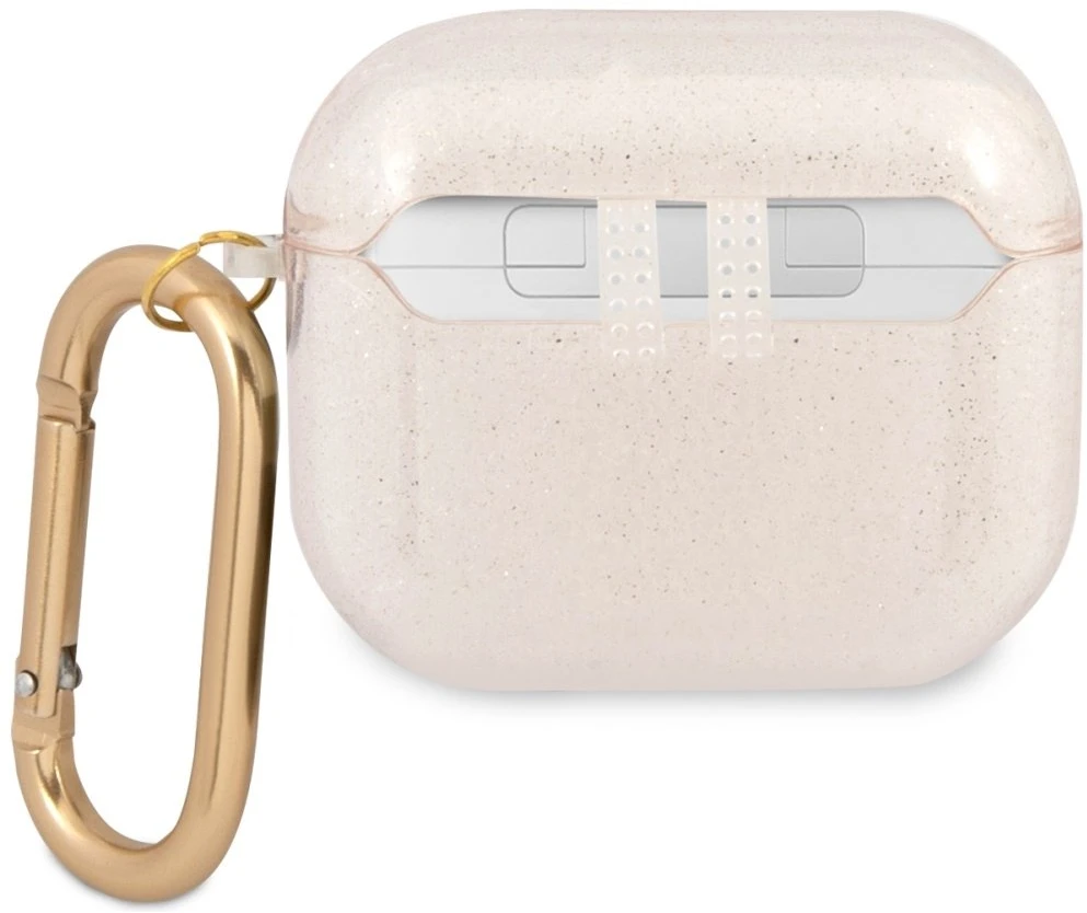 Guess apsauginis dėklas GUA3UCG4GD Glitter Collection, skirtas AirPods 3 smėlio spalvos