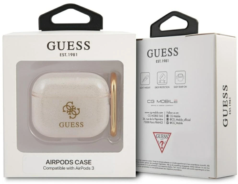 Guess apsauginis dėklas GUA3UCG4GD Glitter Collection, skirtas AirPods 3 smėlio spalvos