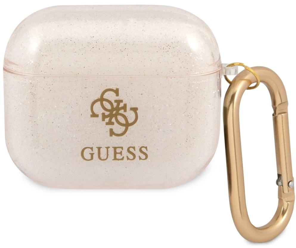 Guess apsauginis dėklas GUA3UCG4GD Glitter Collection, skirtas AirPods 3 smėlio spalvos