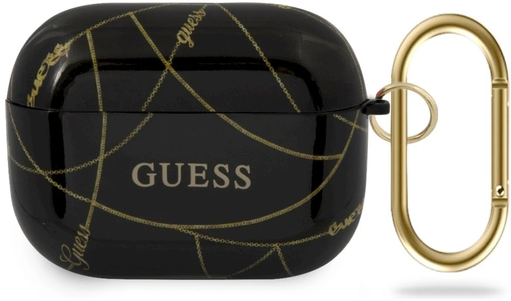 Guess apsauginis dėklas GUACAPPTPUCHBK auksinių grandinėlių kolekcija, skirta AirPods Pro juoda / auksinė