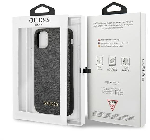 Guess GUHCN61G4GFGR Apple iPhone 11 6,1″ pilkas kietas dėklas 4G Metal Gold Logo