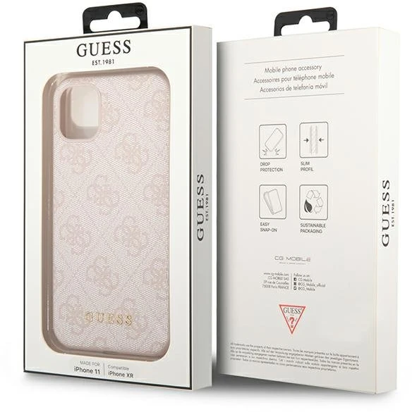 Guess GUHCN61G4GFPI Apple iPhone 11 6,1″ rožinės spalvos kietas dėklas 4G Metal Gold Logo