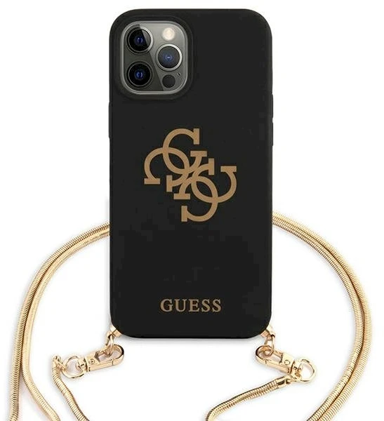 „Guess“ GUHCP12LLSC4GBK iPhone 12 Pro Max6,7" juodas/juodas kietas dėklas 4G auksinės grandinėlės kolekcija