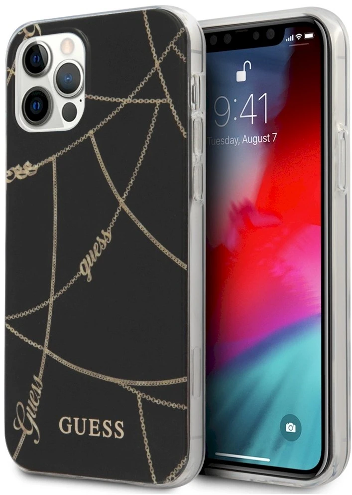 Guess Gold Chain - dėklas skirtas Apple iPhone 12 Pro Max Juodas