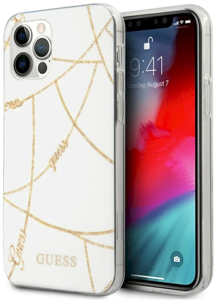 Guess GUHCP12LPCUCHWH Apple iPhone 12 Pro Max 6,7" dėklas telefonui baltos spalvos hardcase Gold Chain Collection