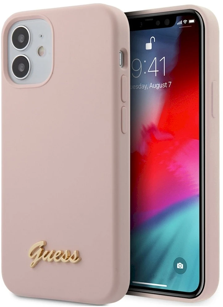Apple iPhone 12 Mini Guess dėklas silikoninis Script Gold Logo (GUHCP12SLSLMGLP) light rožinės spalvos