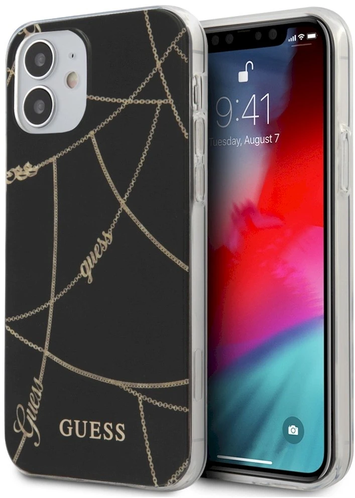Guess GUHCP12SPCUCHBK Apple iPhone 12 mini 5,4″ juodos spalvos kietas dėklas Gold Chain Collection