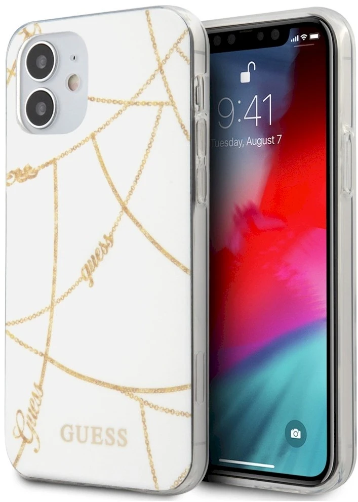 Dėklas GUESS GUHCP12SPCUCHWH HARD CASE GOLD CHAIN COLLECTION IPHONE 12 MINI Baltas