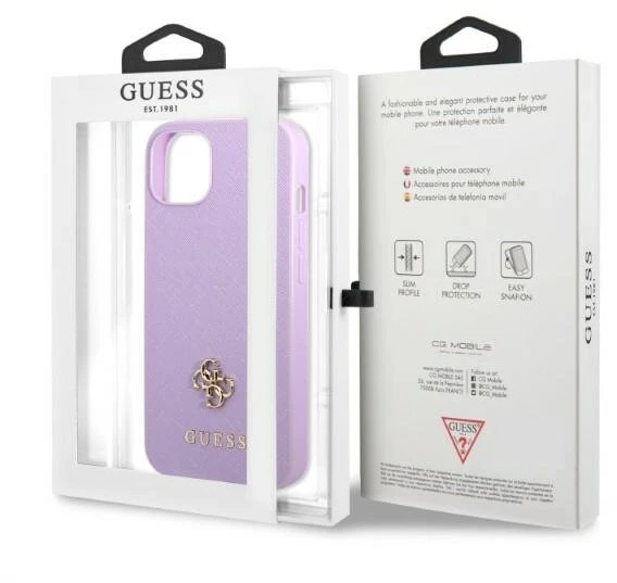 Guess GUHCP13SPS4MU Apple iPhone 13 mini 5,4″ violetinės spalvos kietas dėklas Saffiano 4G Small Metal Logo