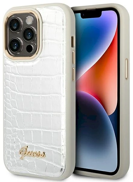 „Guess Croco Collection“ dėklas, skirtas iPhone 14 Pro 6.1" - sidabrinis