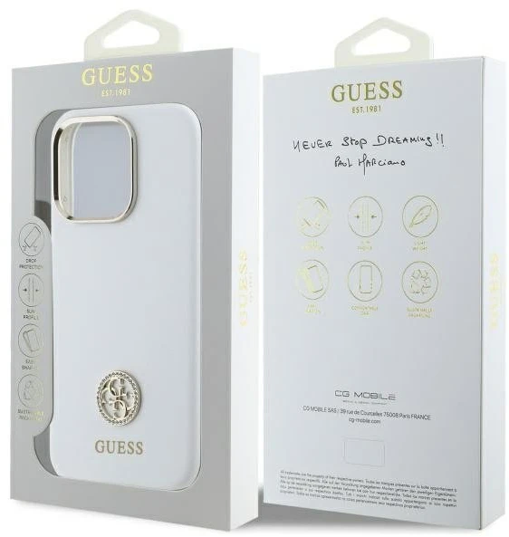 Guess GUHCP16LM4DGPH Apple iPhone 16 Pro 6.3″ baltos spalvos kietas dėklas Silicone Logo Strass 4G