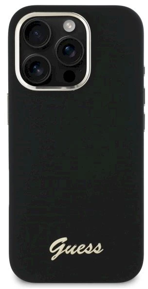 Guess GUHCP16LSMBSLK Apple iPhone 16 Pro 6.3″ juodos spalvos kietas dėklas Silicone Script Metal Logo & Frame