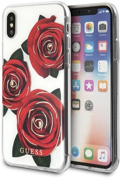 Guess Flower Desire Raudona Rose iPhone X dėklas – skaidrus