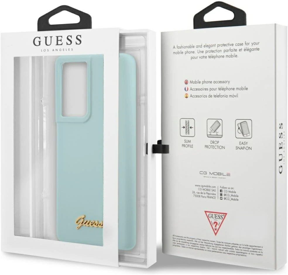 Guess GUHCS21LLSLMGLB S21 Ultra G998 mėlynas kietas dėklas Silicone Script Metal Logo