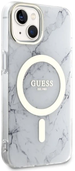 Apple iPhone 14 Guess dėklas Marble MagSafe (GUHMP14SPCUMAH) baltos spalvos