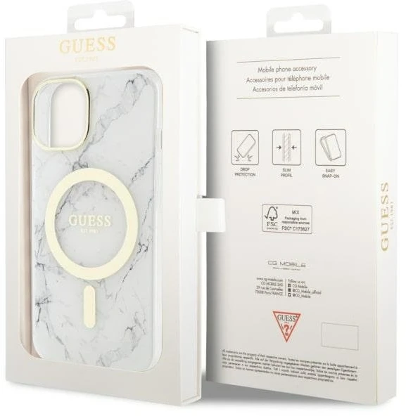 Apple iPhone 14 Guess dėklas Marble MagSafe (GUHMP14SPCUMAH) baltos spalvos