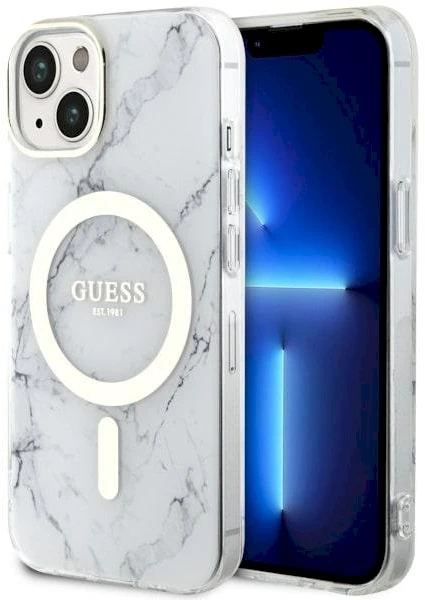 Apple iPhone 14 Guess dėklas Marble MagSafe (GUHMP14SPCUMAH) baltos spalvos