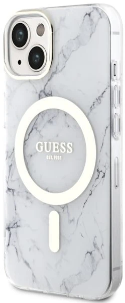 Apple iPhone 14 Guess dėklas Marble MagSafe (GUHMP14SPCUMAH) baltos spalvos