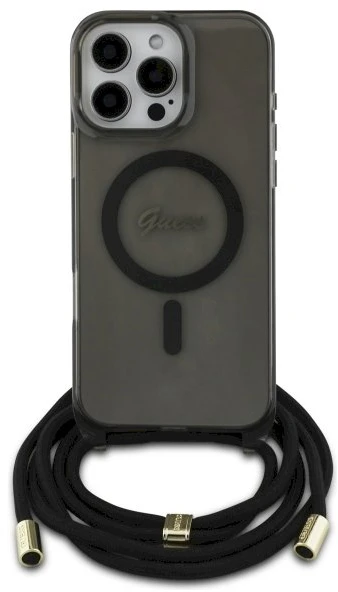Guess GUHMP16LHCTSGNSK Apple iPhone 16 Pro 6.3″ juodos spalvos kietas dėklas Crossbody Cord Script MagSafe