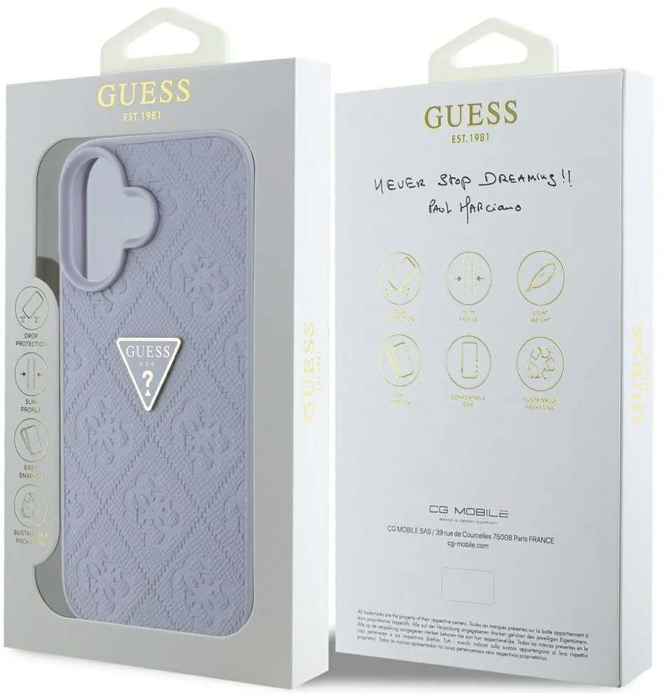 Dėklas Guess Hot Stamp 4G Pattern Triangle Metal Logo iPhone 16 violetinės spalvos
