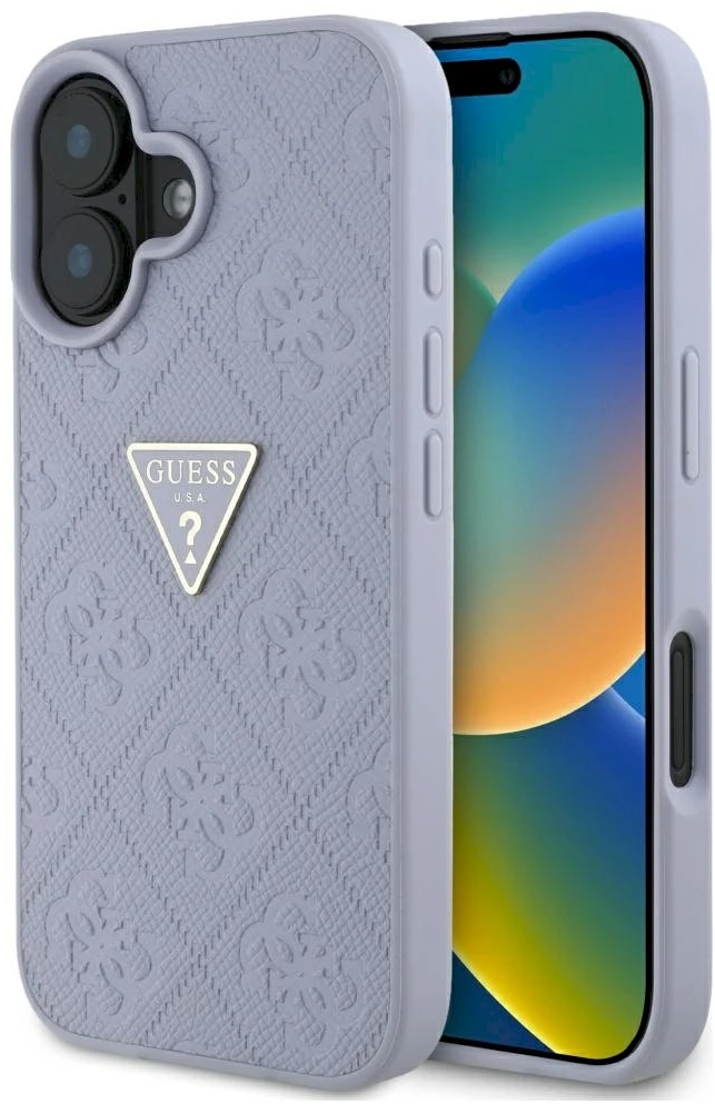 Dėklas Guess Hot Stamp 4G Pattern Triangle Metal Logo iPhone 16 violetinės spalvos