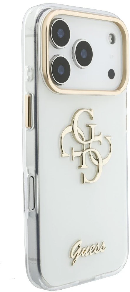 Dėklas Guess IML 4G Metalinis dangtelis su skriptu, skirtas iPhone 17 Pro Max / 18 Pro Max - Baltas