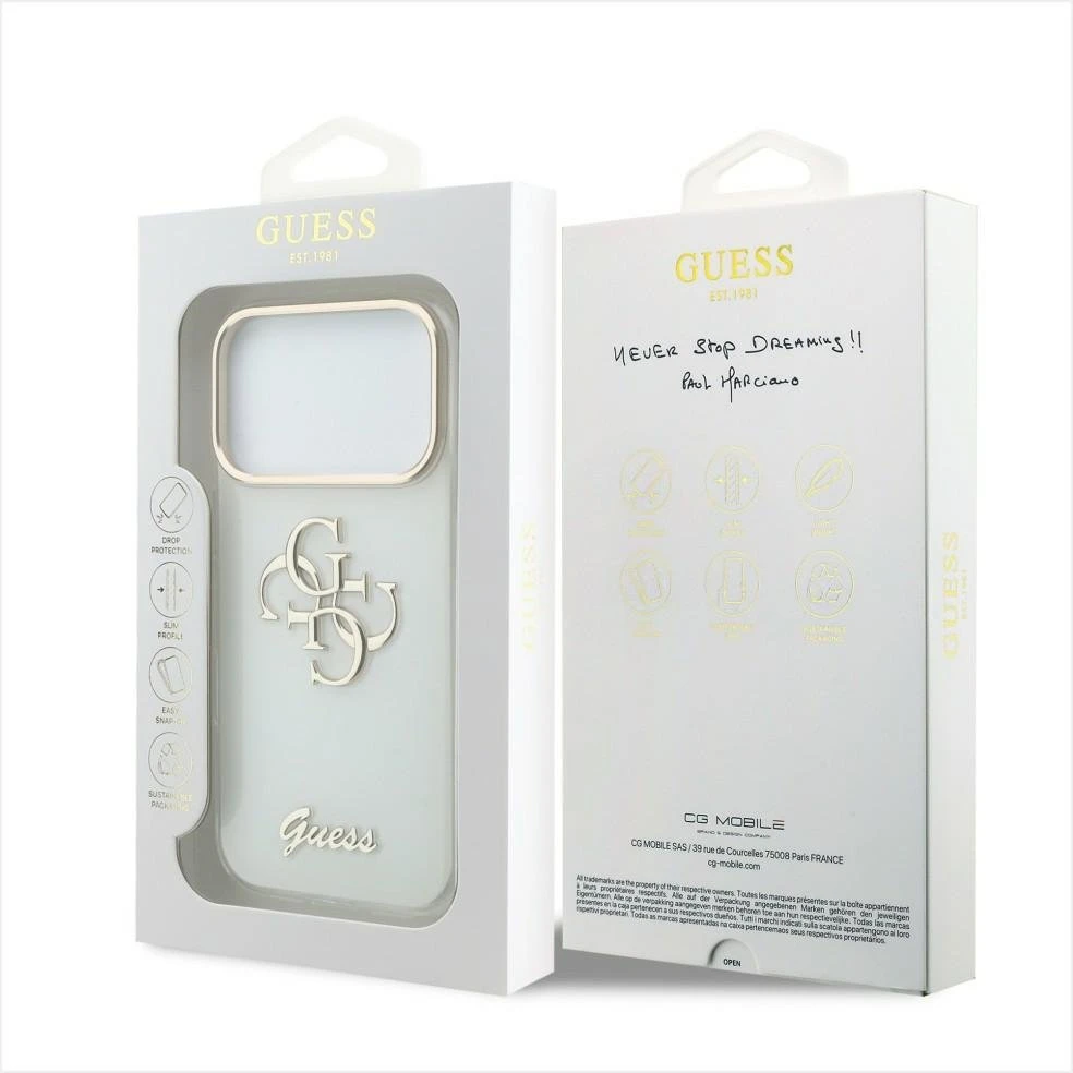 Dėklas Guess IML 4G Metalinis dangtelis su skriptu, skirtas iPhone 17 Pro Max / 18 Pro Max - Baltas
