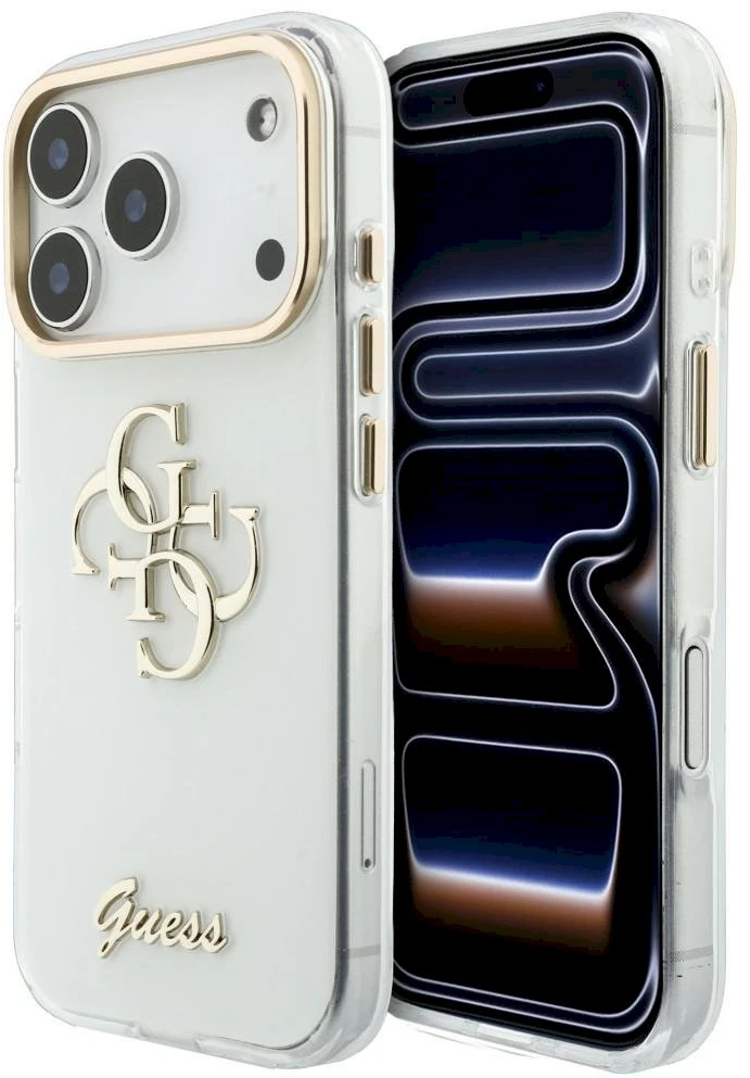 Dėklas Guess IML 4G Metalinis dangtelis su skriptu, skirtas iPhone 17 Pro Max / 18 Pro Max - Baltas