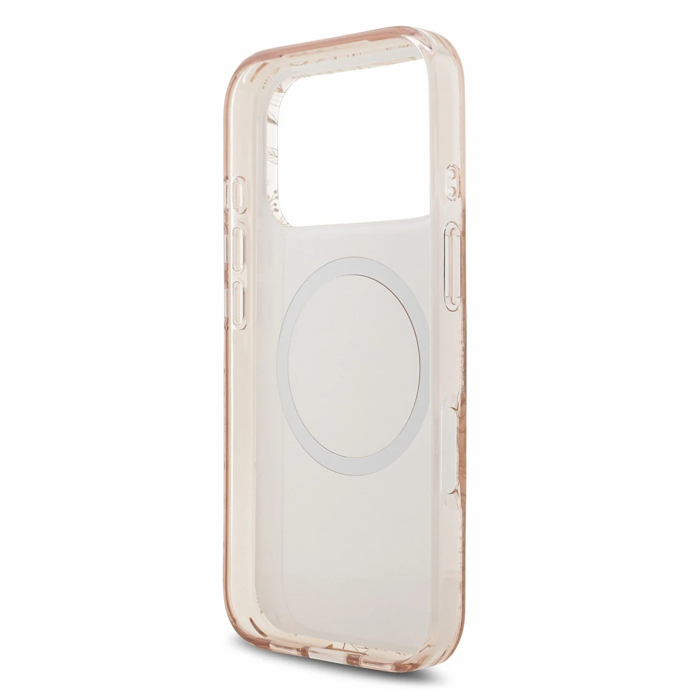 Guess IML Flowers Allover dirželis MagSafe dėklas iPhone 18 Pro rožinis