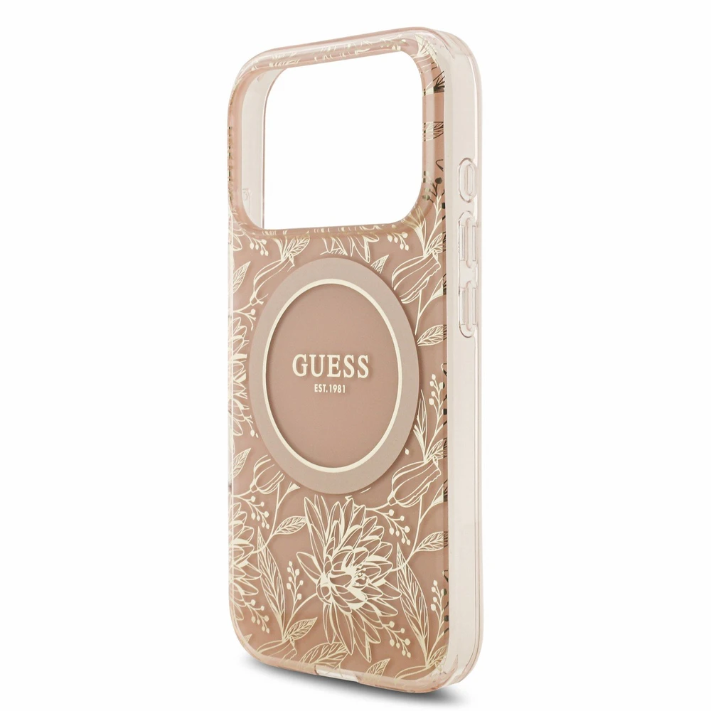 Guess IML Flowers Allover dirželis MagSafe dėklas iPhone 18 Pro rožinis