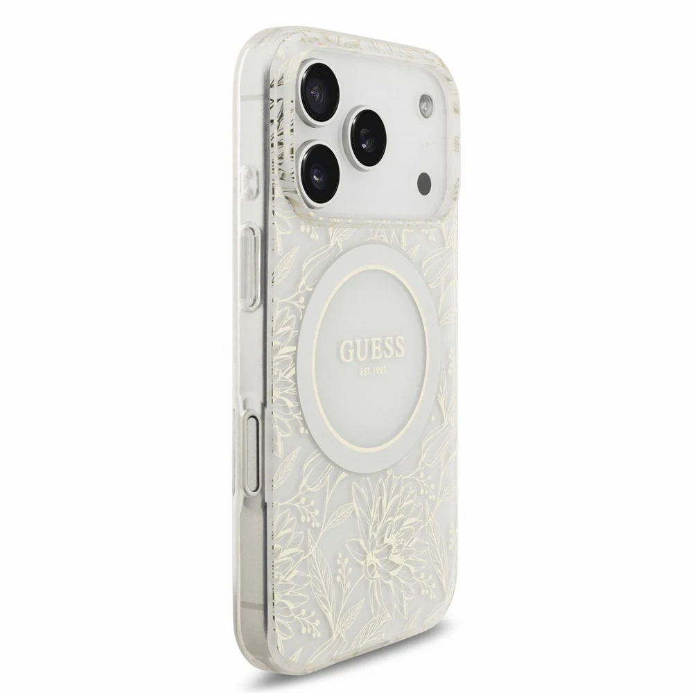Dėklas Guess IML Flowers Allover Electroplated with Pearl Strap MagSafe Case, skirta iPhone 18 Pro / 17 Pro – balta