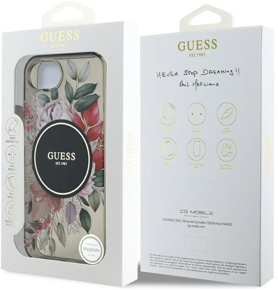 Guess IML Flowers MagSafe iPhone 16e Dėklas - Juodas