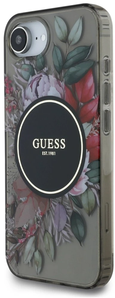 Guess IML Flowers MagSafe iPhone 16e Dėklas - Juodas