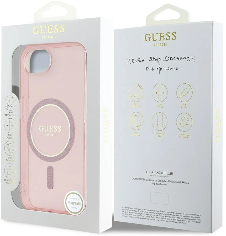 Guess IML Glitter Circle MagSafe dėklas iPhone 16e - rožinis