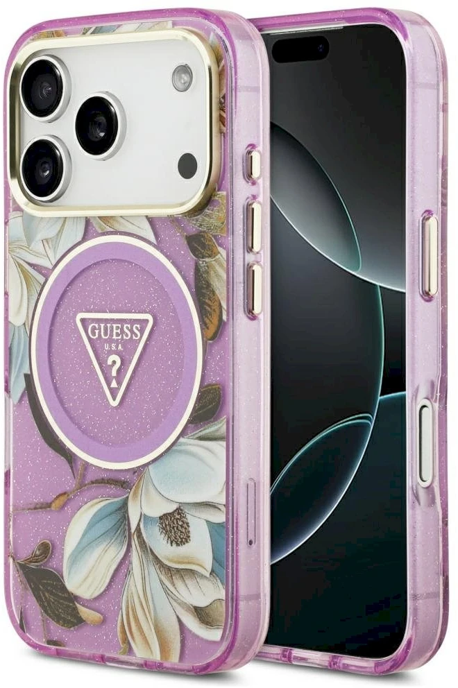 Dėklas Guess IML Glitter Flowers Triangle MagSafe Case for iPhone 17 Pro / 18 Pro - Violetinė