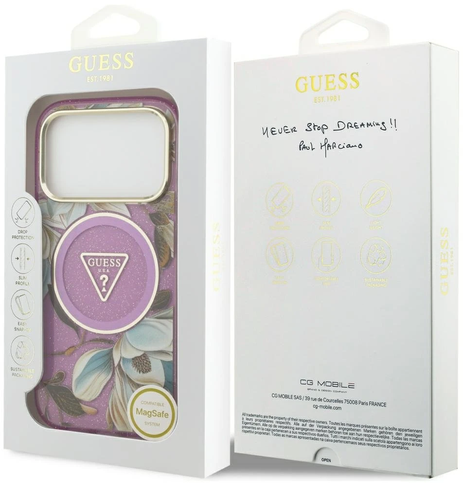 Dėklas Guess IML Glitter Flowers Triangle MagSafe Case for iPhone 17 Pro / 18 Pro - Violetinė