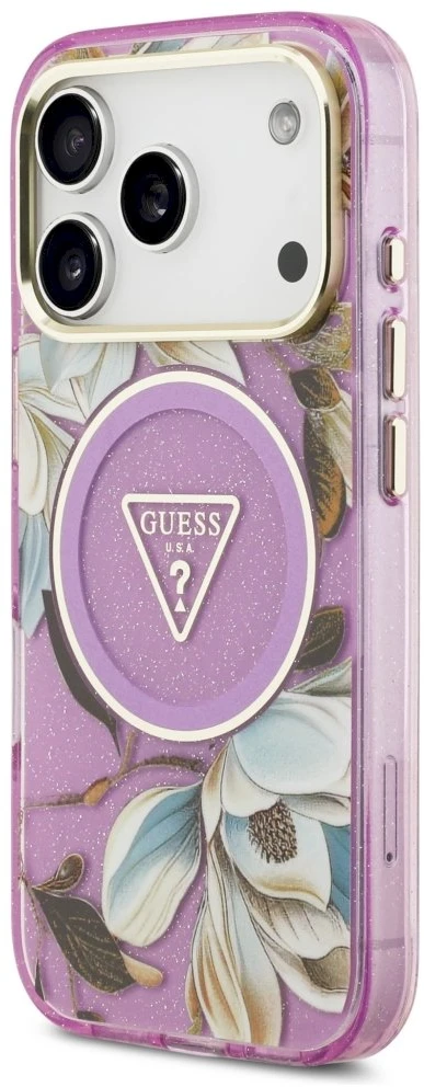 Dėklas Guess IML Glitter Flowers Triangle MagSafe Case for iPhone 17 Pro / 18 Pro - Violetinė