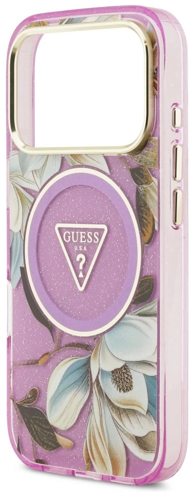Dėklas Guess IML Glitter Flowers Triangle MagSafe Case for iPhone 17 Pro / 18 Pro - Violetinė