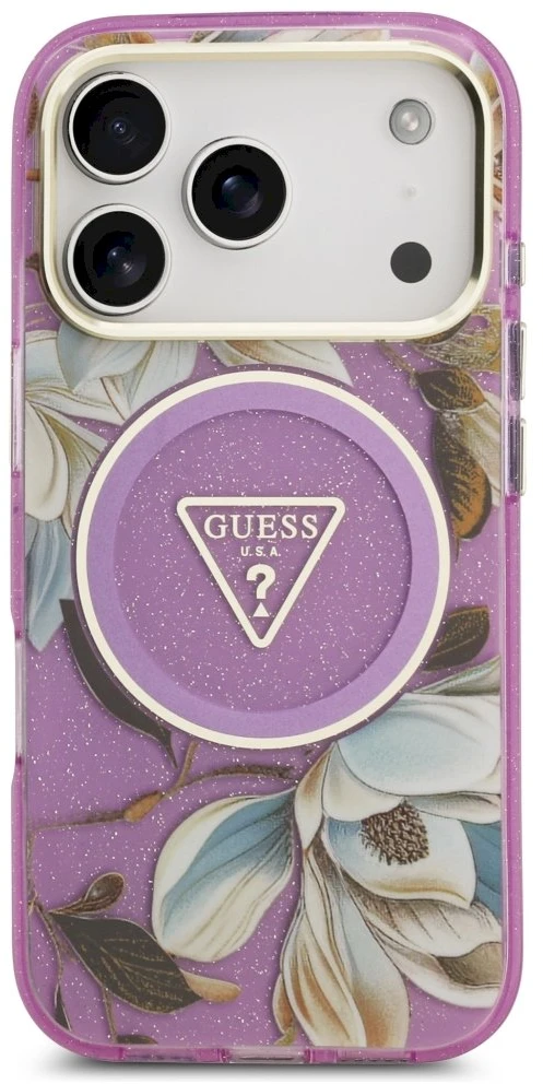 Dėklas Guess IML Glitter Flowers Triangle MagSafe Case for iPhone 17 Pro / 18 Pro - Violetinė