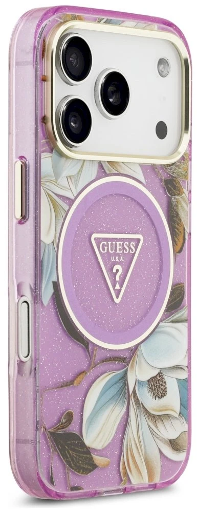 Dėklas Guess IML Glitter Flowers Triangle MagSafe Case for iPhone 17 Pro / 18 Pro - Violetinė
