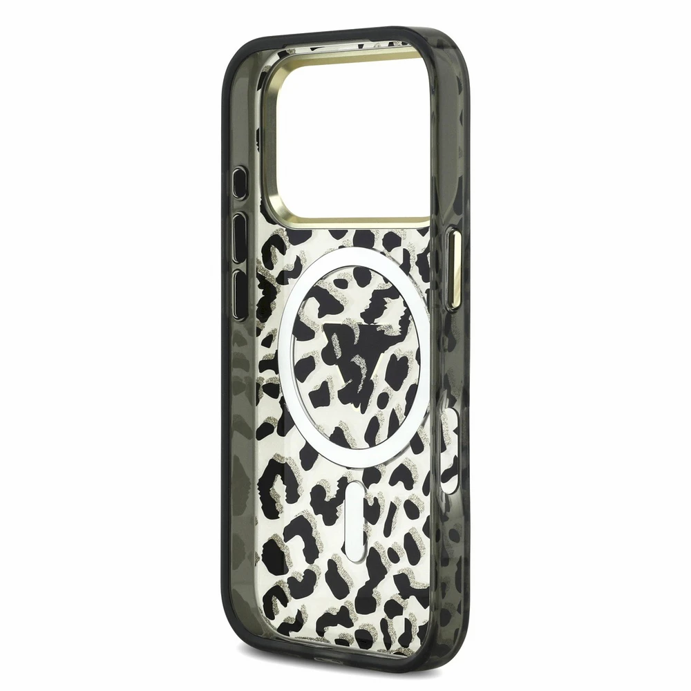 Dėklas Guess IML Leopard Glitter Triangle Logo MagSafe Case for iPhone 17 Pro Max / 18 Pro Max - Juoda
