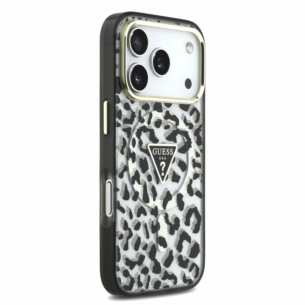 Dėklas Guess IML Leopard Glitter Triangle Logo MagSafe Case for iPhone 17 Pro Max / 18 Pro Max - Juoda
