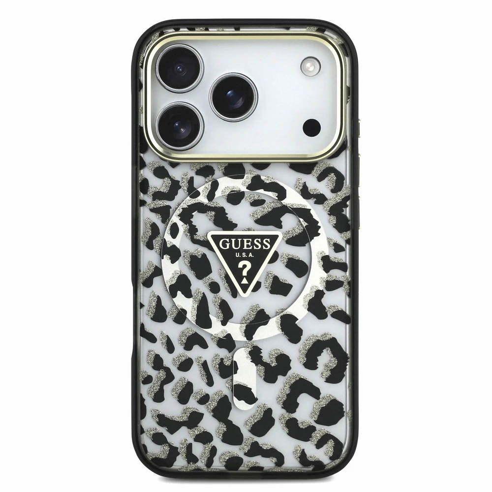 Dėklas Guess IML Leopard Glitter Triangle Logo MagSafe Case for iPhone 17 Pro Max / 18 Pro Max - Juoda