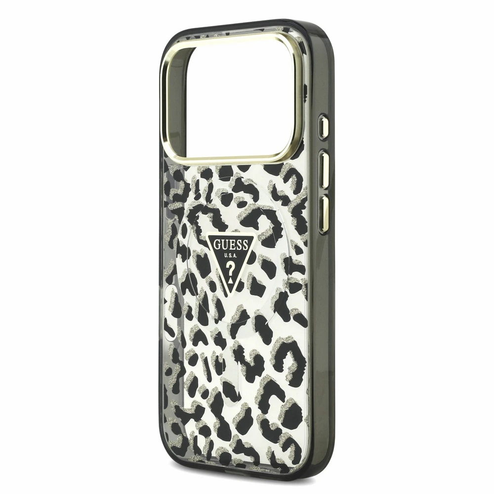 Dėklas Guess IML Leopard Glitter Triangle Logo MagSafe Case for iPhone 17 Pro Max / 18 Pro Max - Juoda