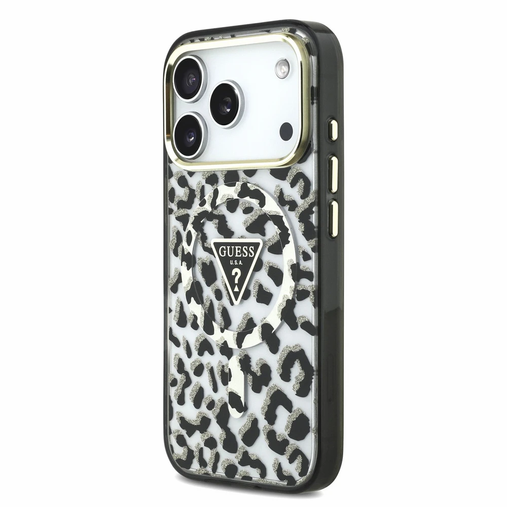 Dėklas Guess IML Leopard Glitter Triangle Logo MagSafe Case for iPhone 17 Pro Max / 18 Pro Max - Juoda