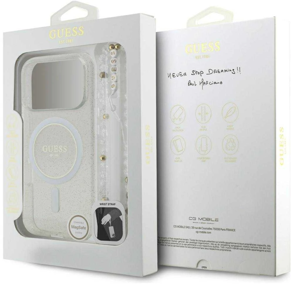 Guess IML Glitter Pearl Strap MagSafe dėklas Apple iPhone 17 Pro skaidrus