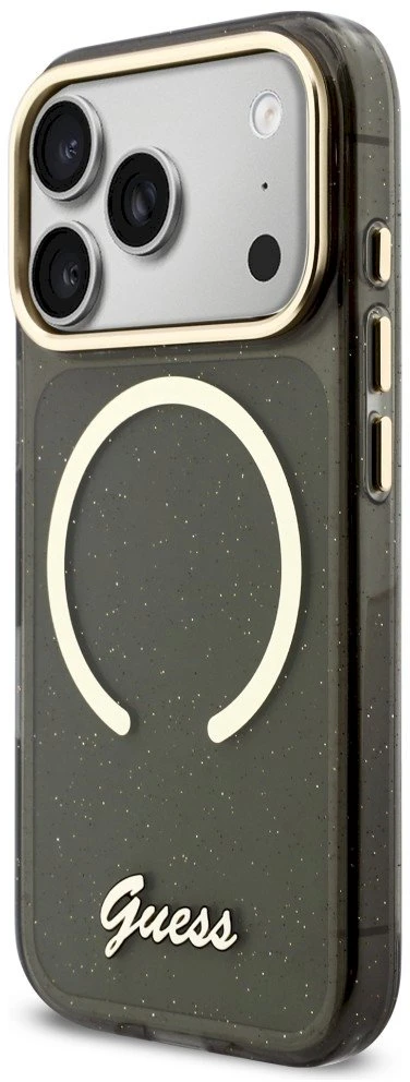 Guess IML Glitter Script Strap MagSafe dėklas skirtas iPhone 17 Pro Juodas